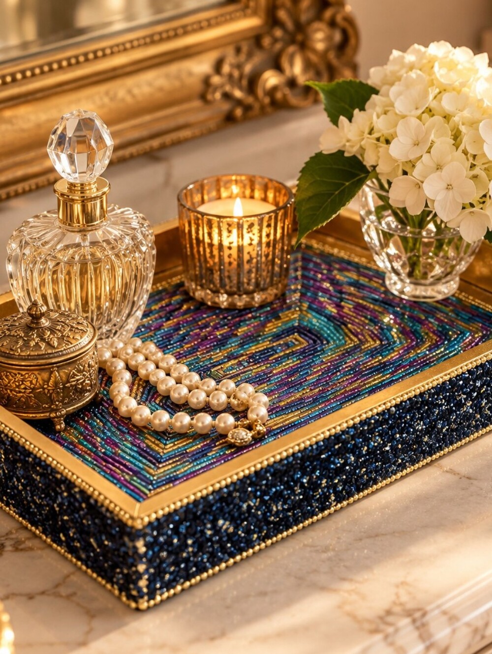 Jeweled Beaded Decorative Tray Gold Teal Purple Boho Glam Vanity 12"